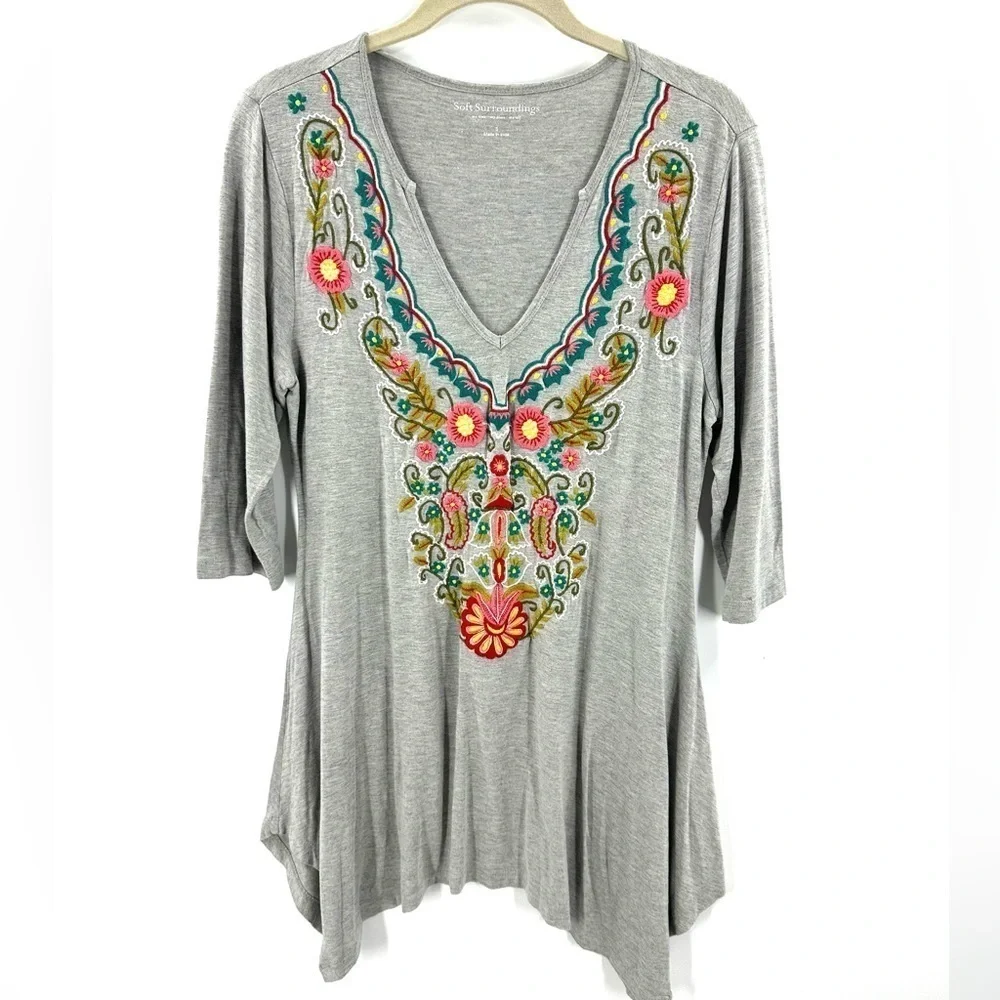 Soft Surroundings Adora Embroidered Tunic Top Womens Small Jersey Boho Indie